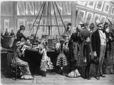 1878 Wereldtentoonstelling in Parijs: fotoglyptische afdrukken in het fotochromiepaviljoen. Gravure in 