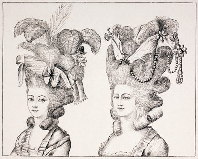 18e-eeuwse Franse meisjes met extravagante kapsels en hoeden, 1875 door French School