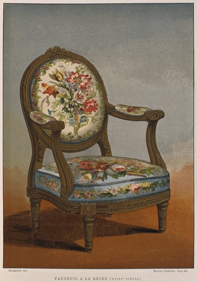 18e-eeuwse a la reine fauteuil met gebloemd tapijt, illustratie uit het Dictionnaire de l