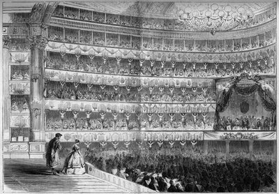 18e-eeuwse architectuur: interieur van het Koninklijk Theater (Teatro Regio) in Turijn (Italië) tijdens een galavoorstelling op 23 januari. door French School