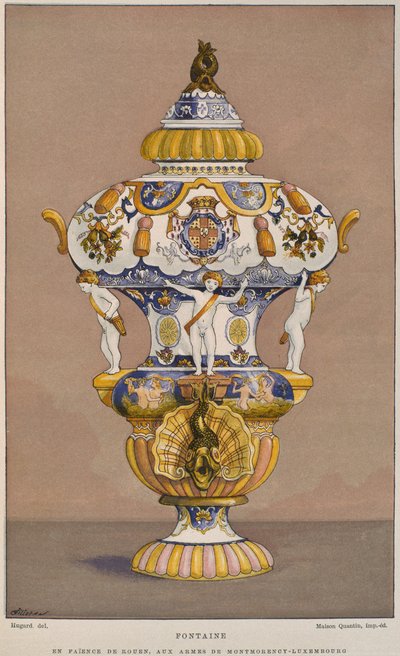 18e-eeuwse faience fontein met het wapen van Montmorency Luxembourg, vervaardigd in Rouen, illustratie uit het Dictionnaire de l