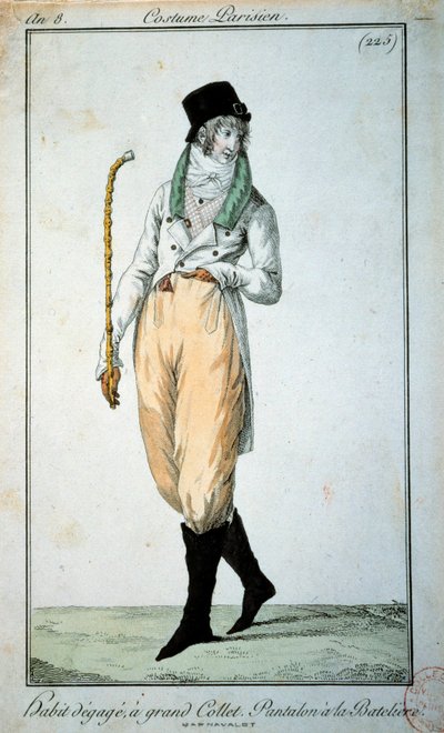 18e-eeuwse mode: Parijse pak met grote kraag, broek met boten. Parijs, Musee du Costume door French School