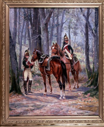 2 ruiters van de 8e Draken, uitgezonden als verkenners, schilderij 65 x 58 cm, olieverf op doek door De Villeneuve, militair schilder laat 19e eeuw door French School