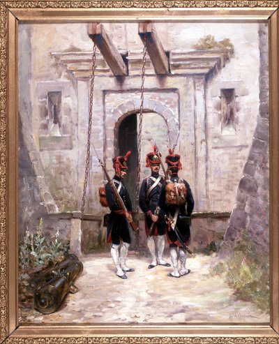 3 converterende kanonniers, schilderij 65 x 58 cm, olieverf op doek door De Villeneuve, militair schilder laat 19e eeuw door French School