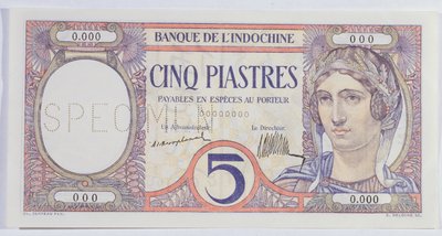5 Piastres bankbiljet, van de Indo-China bank door French School