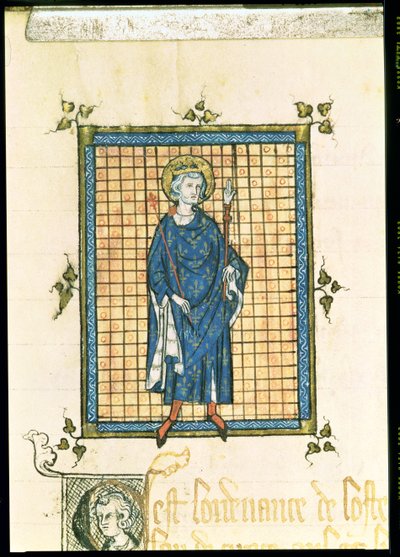 Koning Saint Louis draagt de Scepter en de Hand van Gerechtigheid, uit Registre des Ordonnances de L