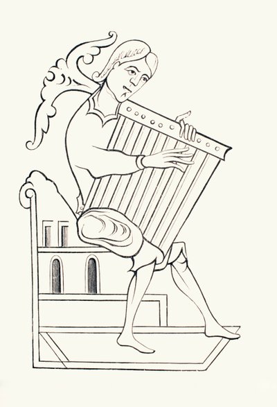 Een 9e-eeuwse muzikant die een muziekinstrument bespeelt, bekend als een psalterium, uit 