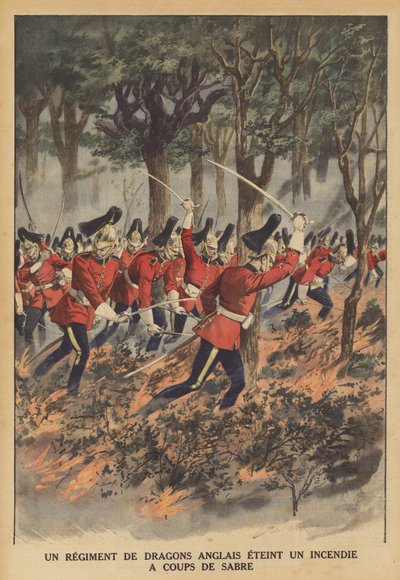 Een Brits regiment dragonders gebruikt hun zwaarden om een brand te blussen door French School