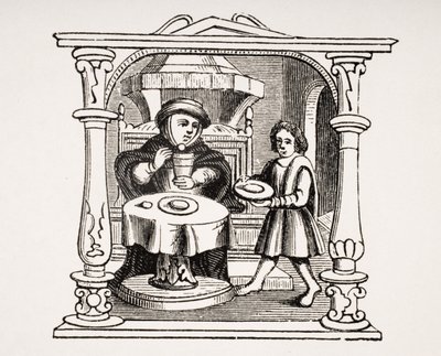 Een burger die zijn maaltijd eet, naar een illustratie in een 16e-eeuws manuscript, uit Le Moyen Age et La Renaissance door Paul Lacroix (1806-84) gepubliceerd in 1847 door French School