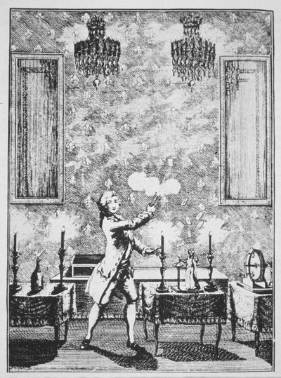 Een demonstratie van goochelen uit La magie Blanche devoilee door Decremps, 1659, geïllustreerd in een Geschiedenis van de Magie, gepubliceerd eind 19e eeuw door French School