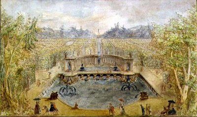 Een formele tuin met fonteinen, ca. 1770 door French School