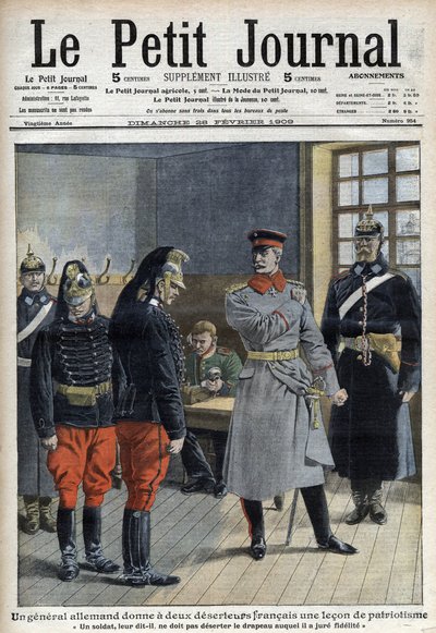 Een Duitse generaal geeft twee Franse deserteurs (dragonders van een grensregiment) een les in patriottisme (