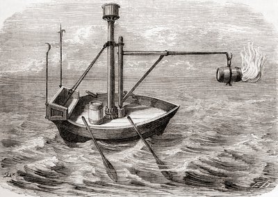 Een Griekse brander, naar een tekening in een 13e-eeuws Latijns manuscript, uit Les Merveilles de la Science, gepubliceerd ca. 1870 door French School