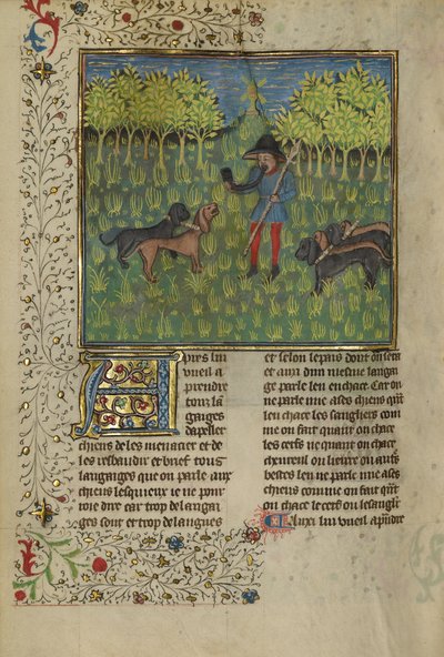 Een jager die honden traint om te reageren op het geluid van een hoorn, c.1430-40 door French School