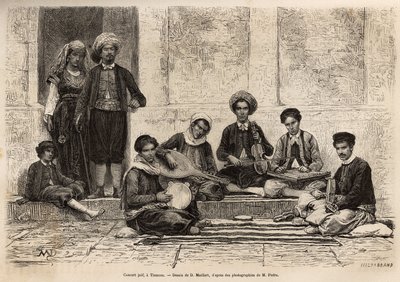 Een Joods orkest in Tlemcen, bestaande uit 5 instrumenten: de rbab met 2 snaren; de kouistra, een soort luit; de kamendja, of viool; de centihr, een soort plat trapeziumvormige kist en de derboucha, een soort tamboerijn van aarde. door French School
