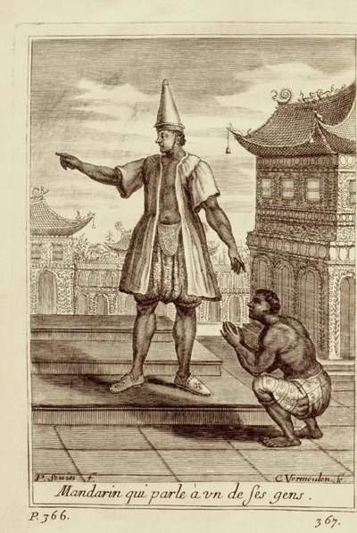 Een Mandarijn man die met een van zijn mensen praat, uit Voyage du Siam des Peres Jesuites door Guy Tachard, 1688 door French School