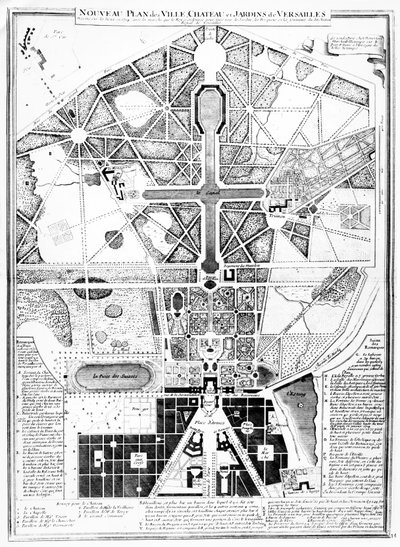 Een nieuw plan van de stad, het kasteel en de tuinen van Versailles, 1714 door French School