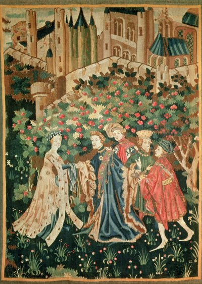 Een edelman begroet een dame met zijn dienaren, Arras door French School