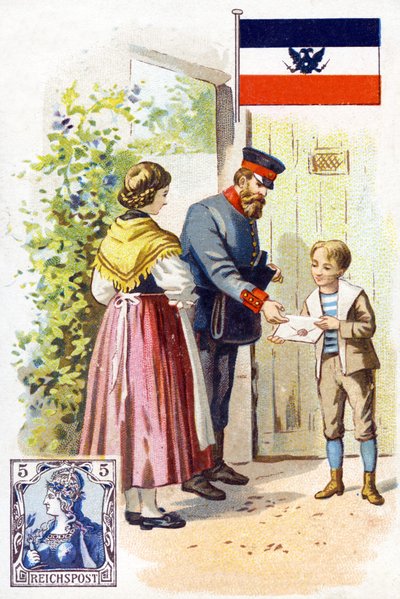 Een postbode in Duitsland die een brief bezorgt, eind 19e eeuw door French School