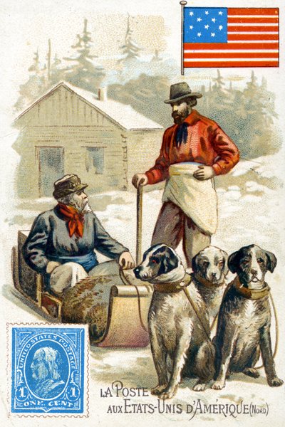Een postbode in de VS die post bezorgt in de winter, eind 19e eeuw door French School