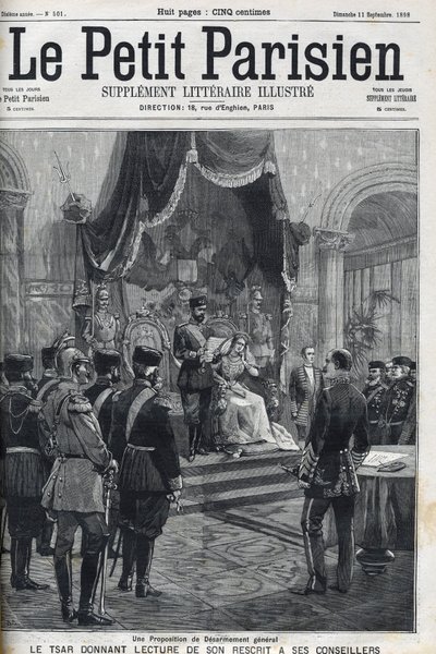 Een voorstel voor algemene ontwapening (gedaan aan de Europese mogendheden) - Tsaar Nicolaas II (1868-1918) leest zijn rescript voor aan zijn adviseurs. Le Petit Parisien door French School
