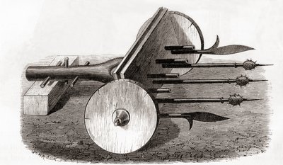 Een Ribauldequin, infernale machine of orgelkanon, bewapend met kleine kanonnen en pieken, uit Les Merveilles de la Science, gepubliceerd ca. 1870 door French School