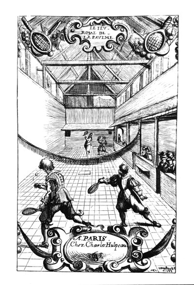 Een koninklijk tennisspel in de Jeu de Paume, Versailles, uitgegeven door Charles Hulpeau door French School
