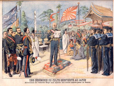 Een Shinto-ceremonie in Japan. Admiraal Togo spreekt de geesten toe van Japanse helden die zijn gesneuveld in de Russisch-Japanse Oorlog. Een ceremonie van Shinto-aanbidding in Japan. Toespraak door admiraal Togo door French School