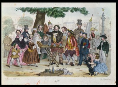 Een Straatgoochelaar bij de Place de la Bastille, Parijs, gegraveerd door H. Jannin, c.1840-50 door French School