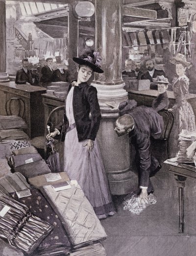 Een dief in een warenhuis in Parijs, illustratie uit Paradis des Dames, ca. 1895 door French School
