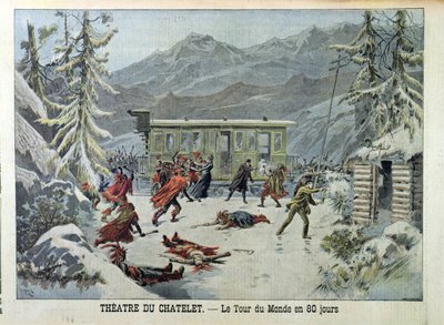 Een trein aangevallen door Amerikaanse Indianen, uit De reis om de wereld in 80 dagen door Jules Verne uit Le Petit Journal, 13 mei 1898 door French School