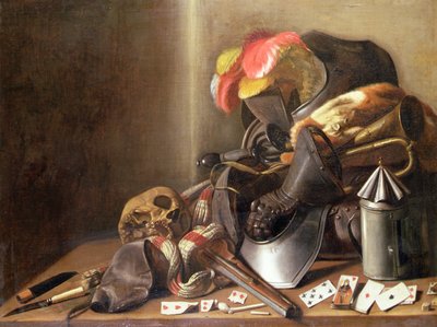 Een Vanitas Stilleven met een Schedel, Speelkaarten en Wapenrusting, ca. 1650 door French School