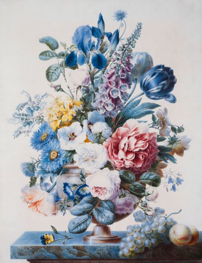 Een vaas met bloemen op een richel met druiven en perziken door French School