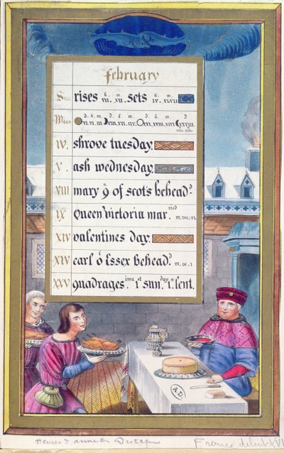 Een Victoriaans kalendersheet voor februari met een illustratie uit het Getijdenboek van Anne de Bretagne (1488-1514) door French School