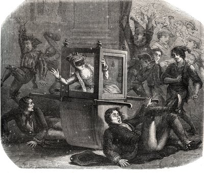 Een groep grappenmakers houdt Marie-Therese Le Vasseur, verkleed voor het Carnaval, tegen in haar rolstoel. Ze is het slachtoffer van de wraak van een van haar voormalige geliefden. Gravure uit 1871 in "Histoire Des Cocus Celebres" door French School