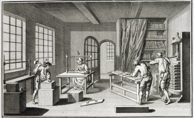 Een boekbinderswerkplaats, uit de Encyclopedie des Sciences et Metiers door Denis Diderot (1713-84) gepubliceerd ca. 1770 door French School