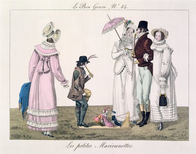 Een jongen die entertaint met dansende poppen, plaat 84 uit le Bon Genre, ca.1810 door French School