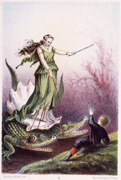 Een jongen voor een vrouw op een tank aangedreven door 2 krokodillen - in "Reis naar de bodem van de zee" door H. de la Blanchère. Parijs, ed. Jouvet et Cie, sd. 1880 door French School