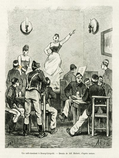 Een cafézang in Bourg Leopold. Gravure door A.Hubert ter illustratie van het verhaal La Belgique, door Camille Lemonnier, in le tour du monde 1886, onder leiding van Edouard Charton, Hachette, Parijs. door French School