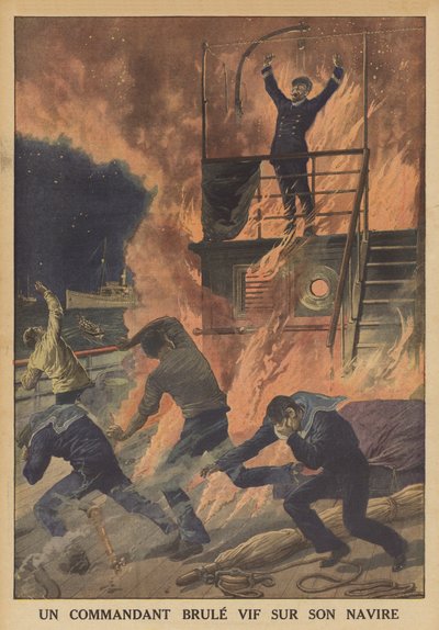 Een kapitein levend verbrand op zijn schip (kleur litho) door French School