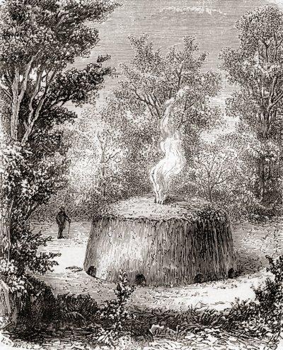 Een houtskooloven in het bos, naar een 19e-eeuwse tekening, uit Les Merveilles de la Science, gepubliceerd ca. 1870 door French School