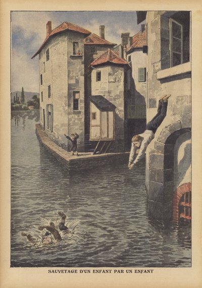 Een kind redt een ander van verdrinking in het Givors-kanaal, Frankrijk door French School