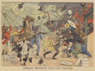 Een circustent meegesleurd door een windvlaag (kleurenlitho) door French School
