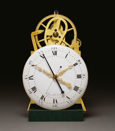 Een close-up van de wijzerplaat en het uurwerk van een Louis XVI verguld en gepatineerd brons-gemonteerde mahonie lange klok met jaarkalender en tijdsvergelijking, c.1790 door French School