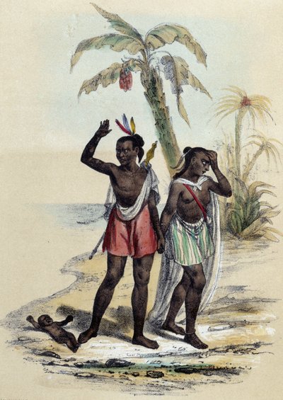 Een stel en een baby op een strand; illustratie voor de Markiezen, -in 