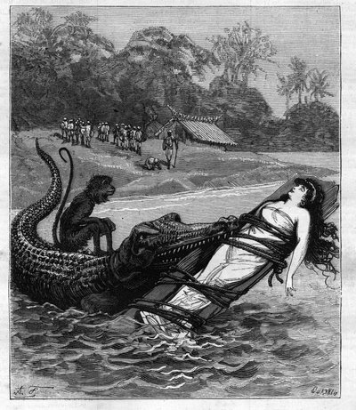 Een krokodil grijpt een houten plank waaraan een vrouw is vastgebonden. Illustratie van 