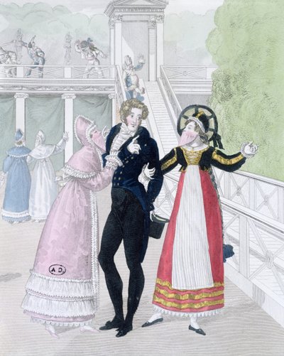Een dandy die wordt verleid door twee gemaskerde vrouwen, uit de serie Le Bon Genre door French School