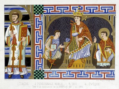 Een diaken, een nobel figuur, een koning en een bisschop die de mensen van de tiende eeuw illustreren; Illustratie van de negentiende eeuw uit 
