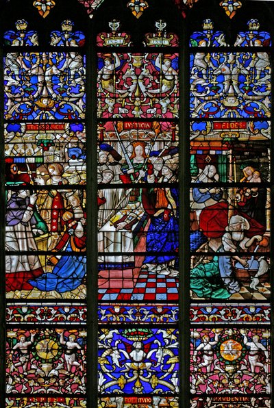Een detail uit raam w30, het lofrede aan St. Romain raam door French School