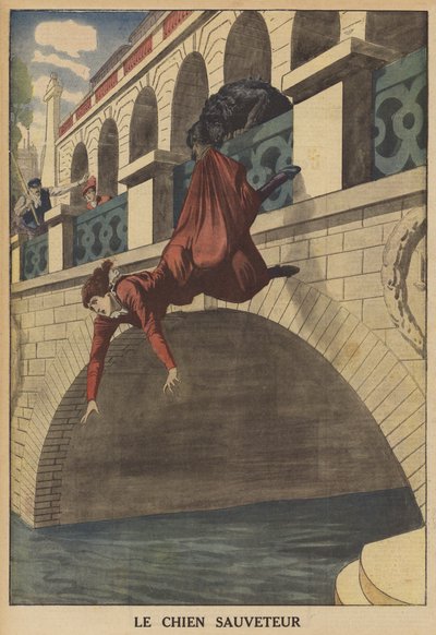 Een hond redt een vrouw van een val van een brug (kleur litho) door French School